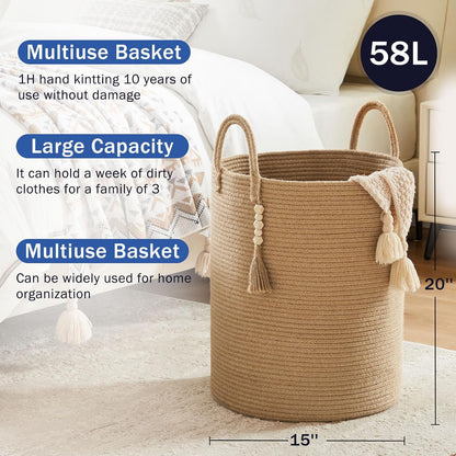 Woven Laundry Hamper, 72L Tall Blanket Storage-White