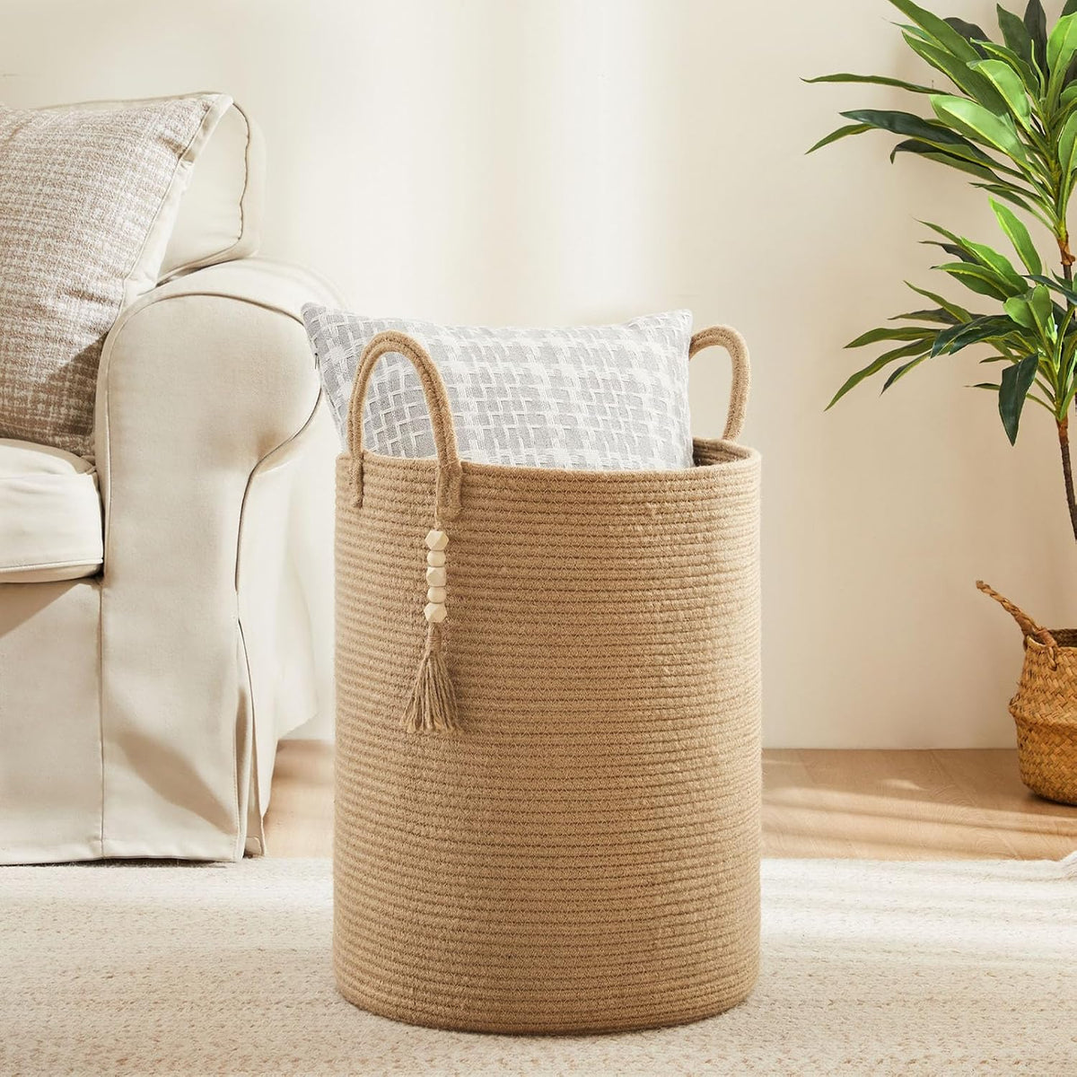 Woven Laundry Hamper, 72L Tall Blanket Storage-White