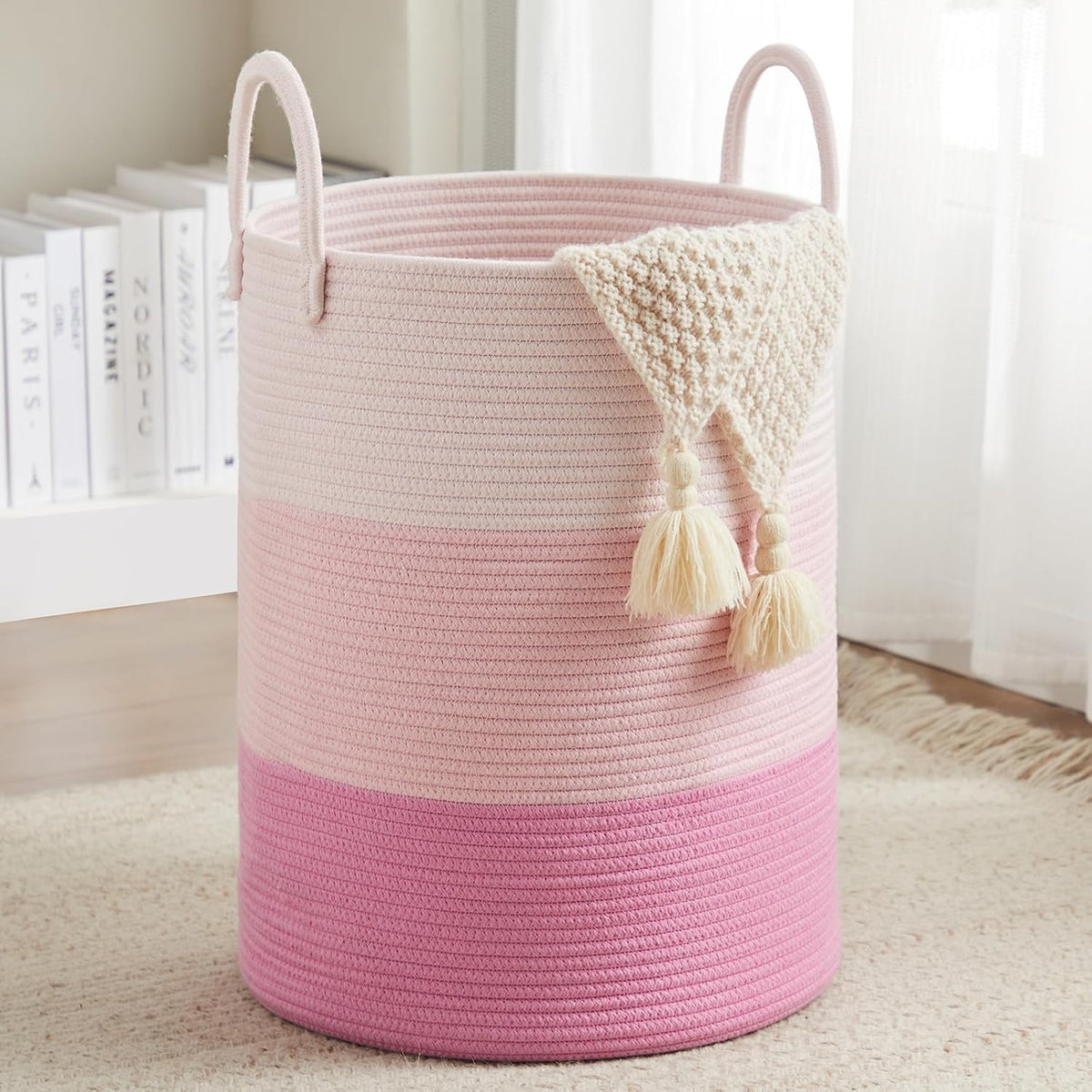 Woven Laundry Hamper, 72L Tall Blanket Storage-White