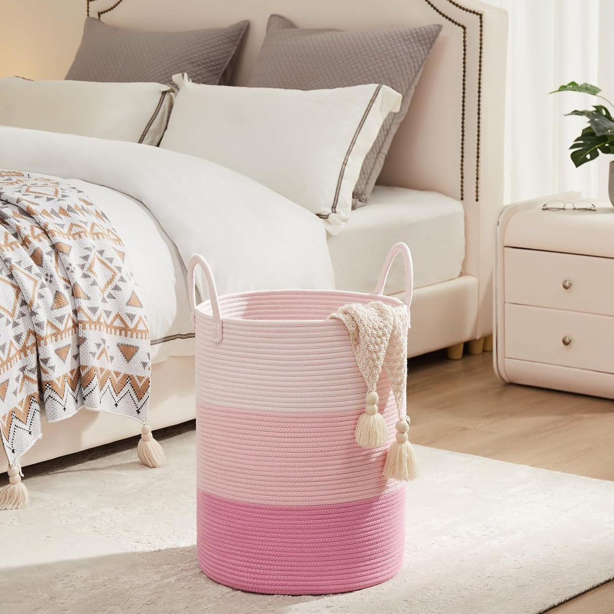 Woven Laundry Hamper, 72L Tall Blanket Storage-White