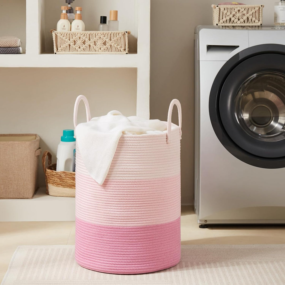 Woven Laundry Hamper, 72L Tall Blanket Storage-White