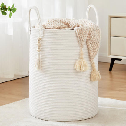 Woven Laundry Hamper, 72L Tall Blanket Storage-White