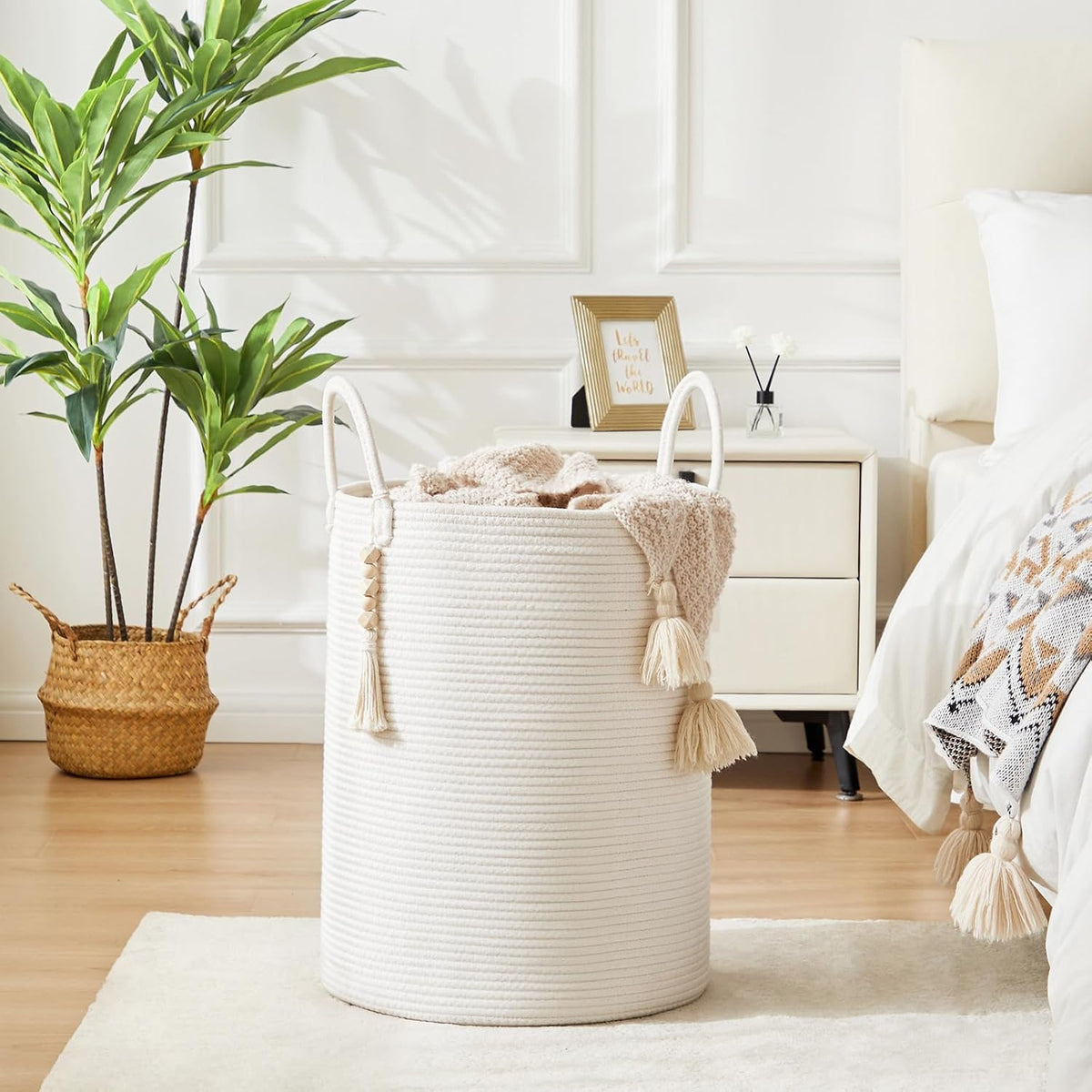 Woven Laundry Hamper, 72L Tall Blanket Storage-White