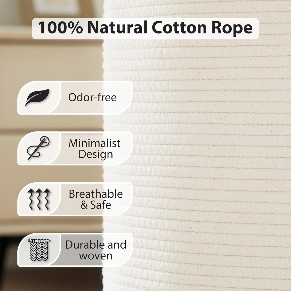 Woven Laundry Hamper, 72L Tall Blanket Storage-White
