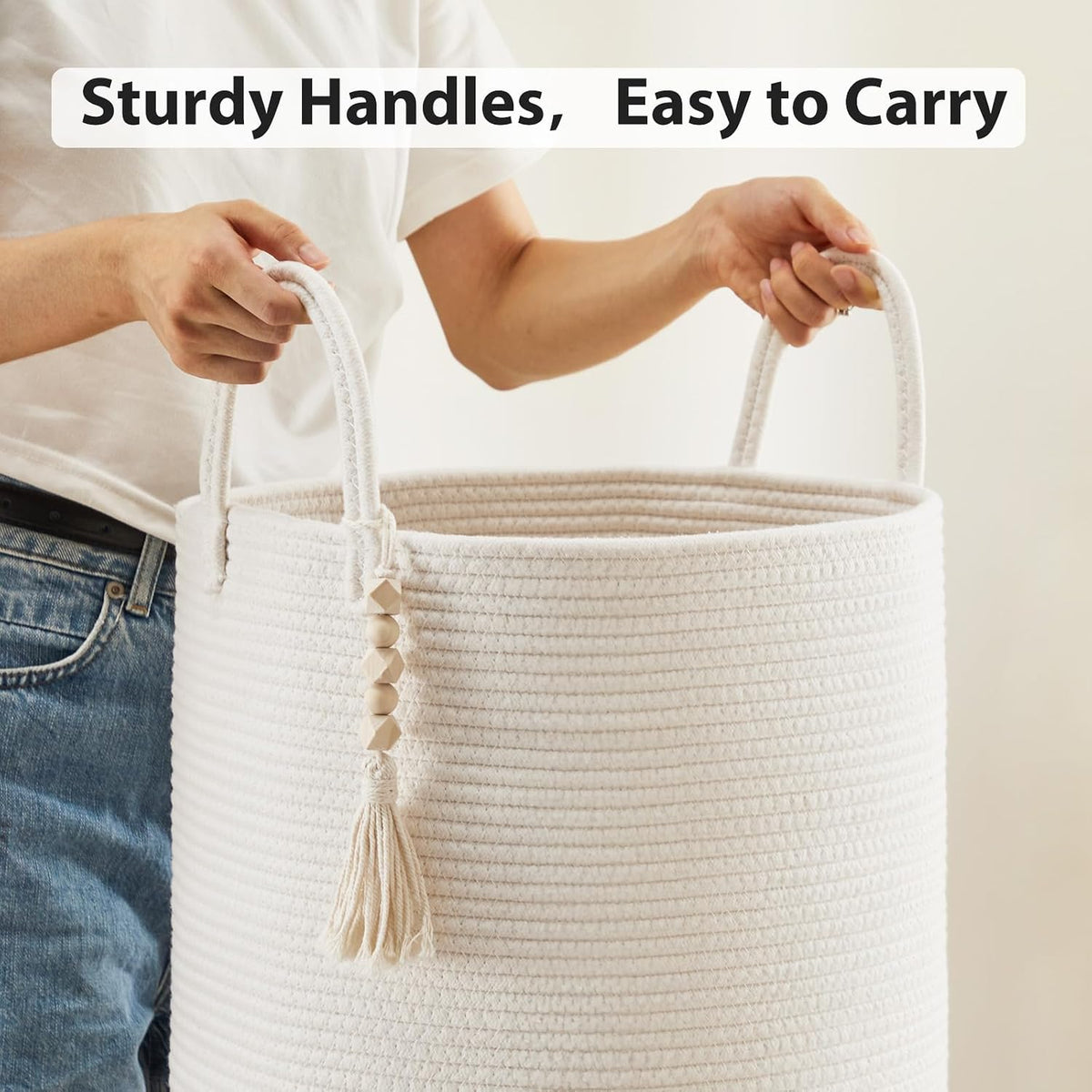 Woven Laundry Hamper, 72L Tall Blanket Storage-White