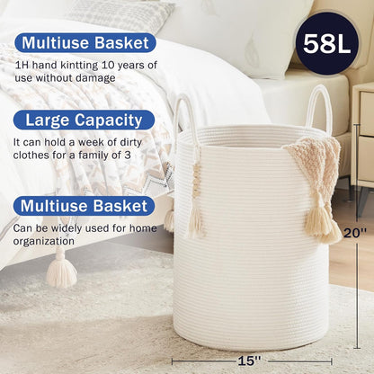 Woven Laundry Hamper, 72L Tall Blanket Storage-White