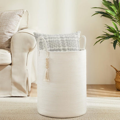 Woven Laundry Hamper, 72L Tall Blanket Storage-White