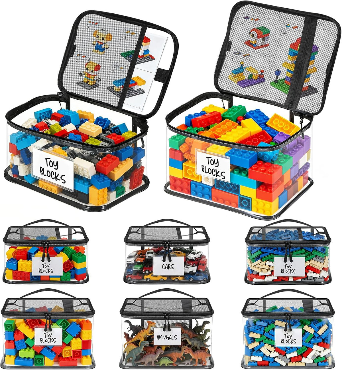 6 Mixed Pack Large Toy Storage Bags, Clear Toy Organizer with Labels