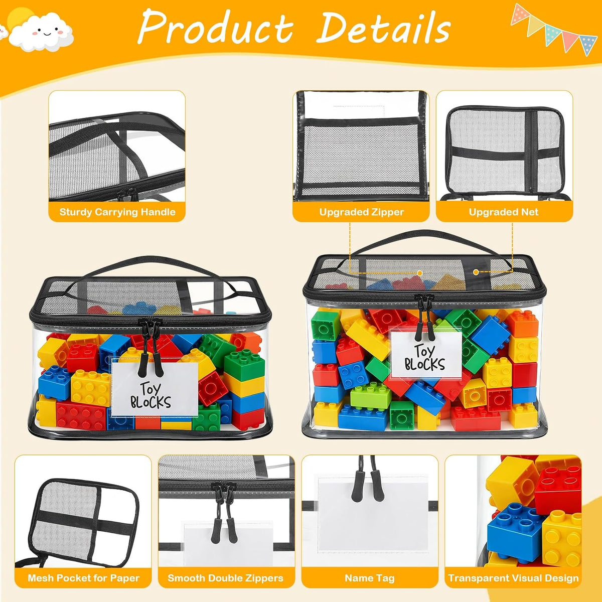 6 Mixed Pack Large Toy Storage Bags, Clear Toy Organizer with Labels