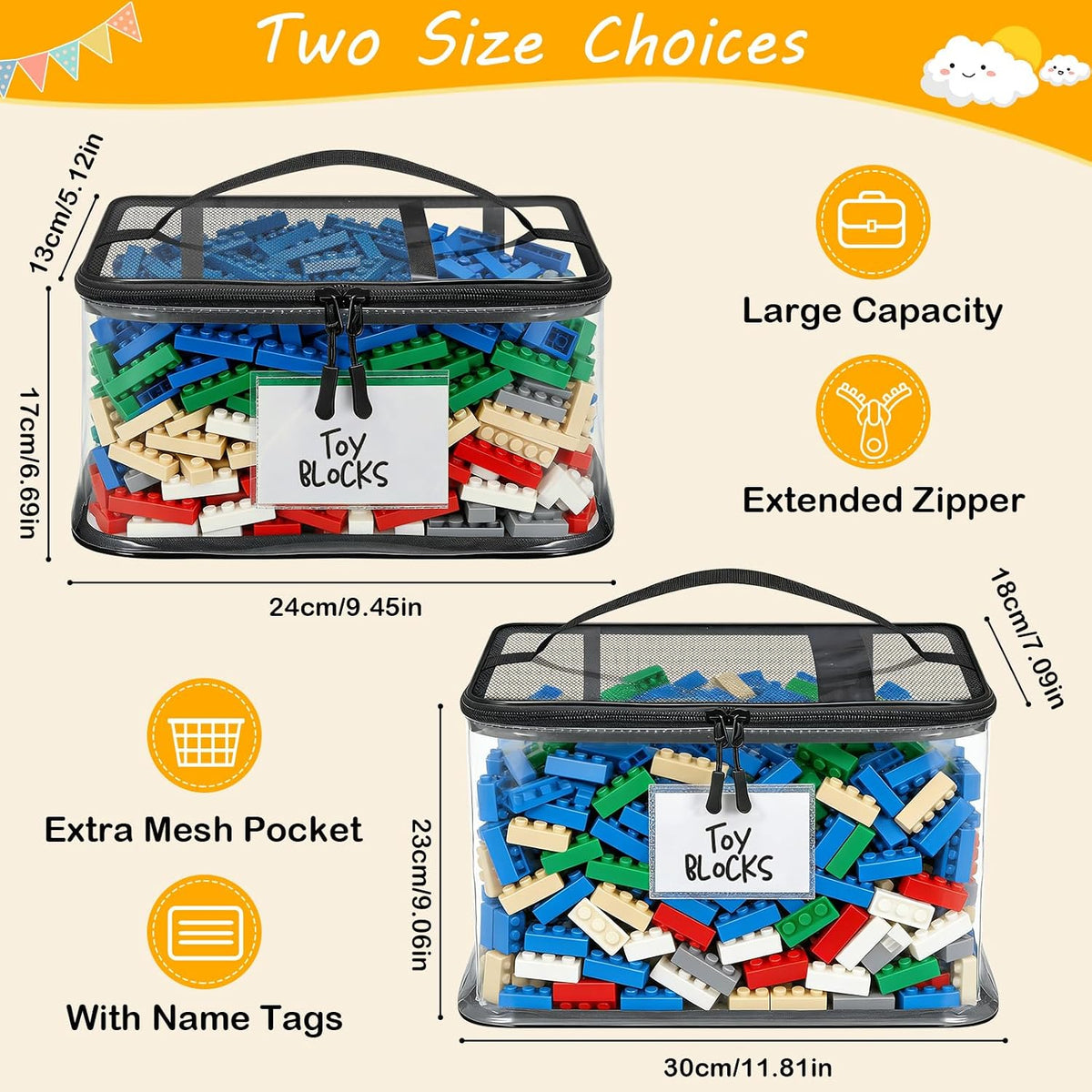 6 Mixed Pack Large Toy Storage Bags, Clear Toy Organizer with Labels