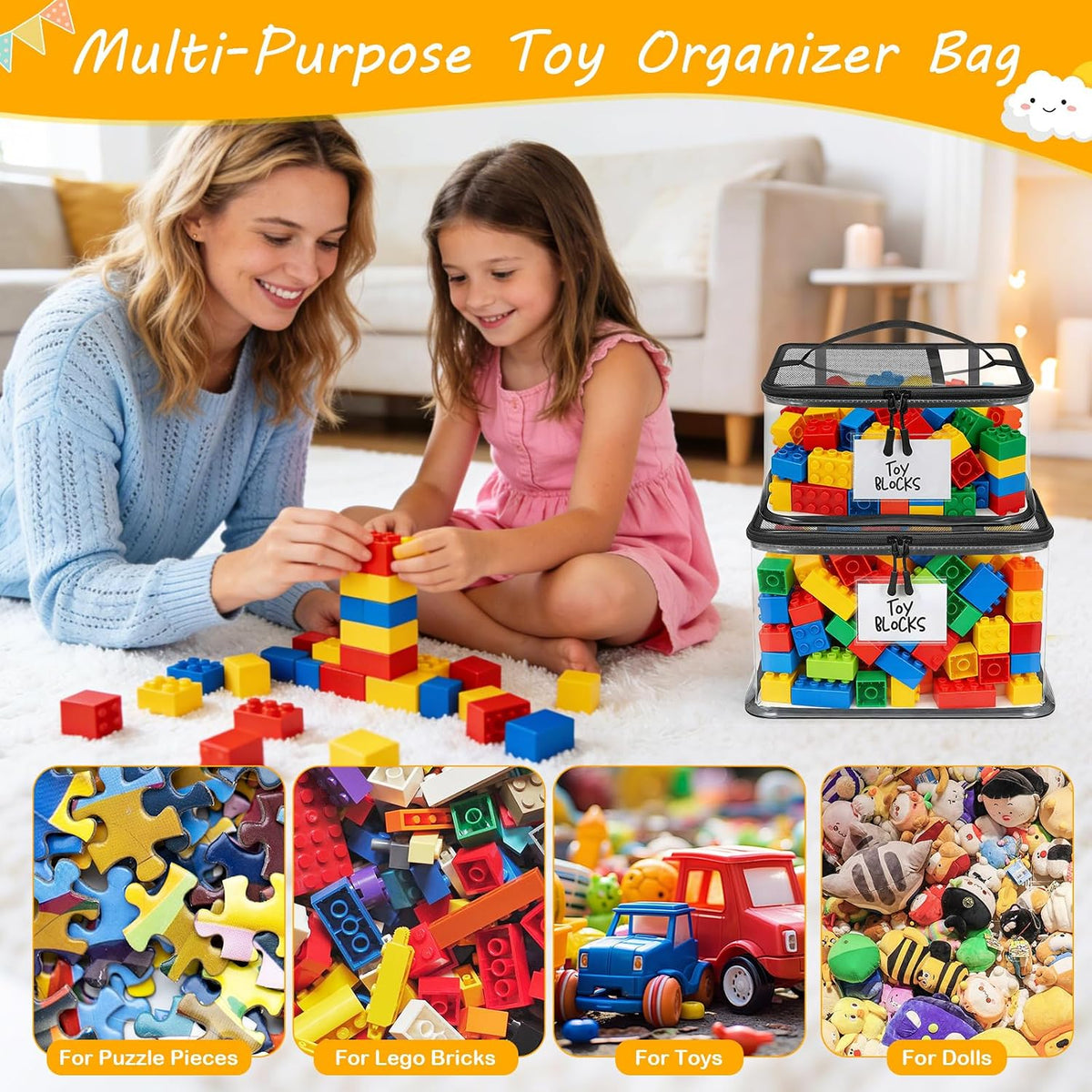 6 Mixed Pack Large Toy Storage Bags, Clear Toy Organizer with Labels