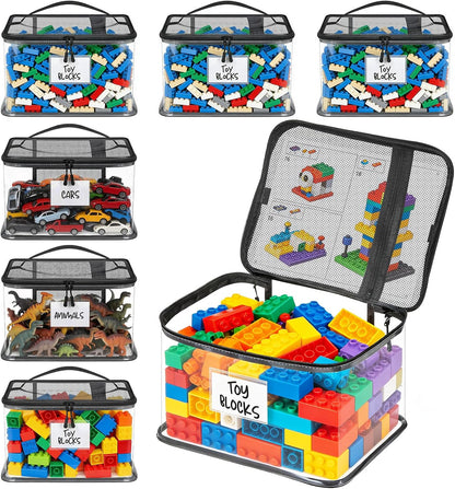 6 Mixed Pack Large Toy Storage Bags, Clear Toy Organizer with Labels
