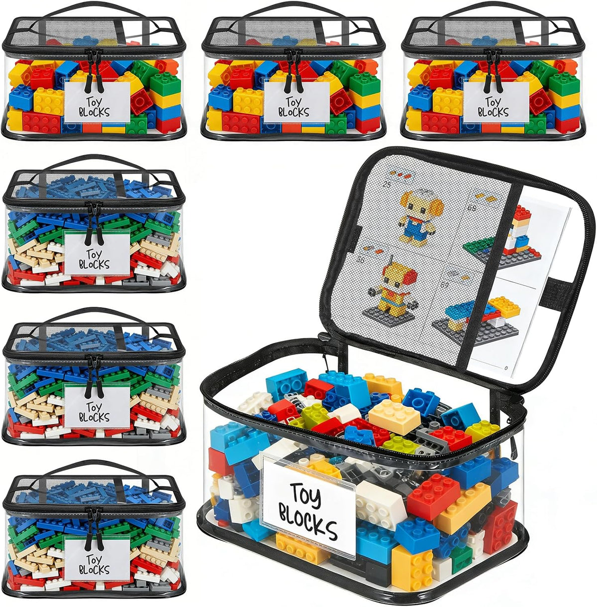 6 Mixed Pack Large Toy Storage Bags, Clear Toy Organizer with Labels