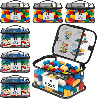 6 Mixed Pack Large Toy Storage Bags, Clear Toy Organizer with Labels
