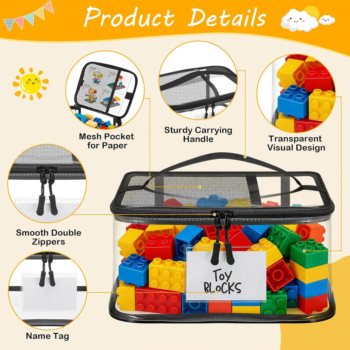 6 Mixed Pack Large Toy Storage Bags, Clear Toy Organizer with Labels