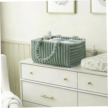 Baby Diaper Caddy Portable with Removable Dividers for Baby Essentials Toys Supplies, White, Soft Flannel Storage Bin