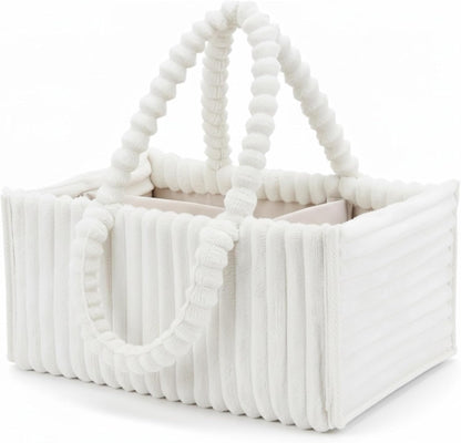 Baby Diaper Caddy Portable with Removable Dividers for Baby Essentials Toys Supplies, White, Soft Flannel Storage Bin