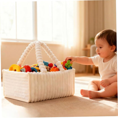 Baby Diaper Caddy Portable with Removable Dividers for Baby Essentials Toys Supplies, White, Soft Flannel Storage Bin