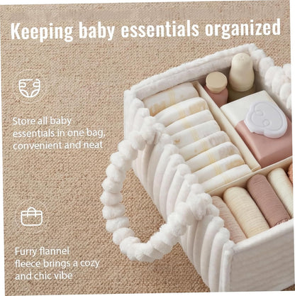 Baby Diaper Caddy Portable with Removable Dividers for Baby Essentials Toys Supplies, White, Soft Flannel Storage Bin