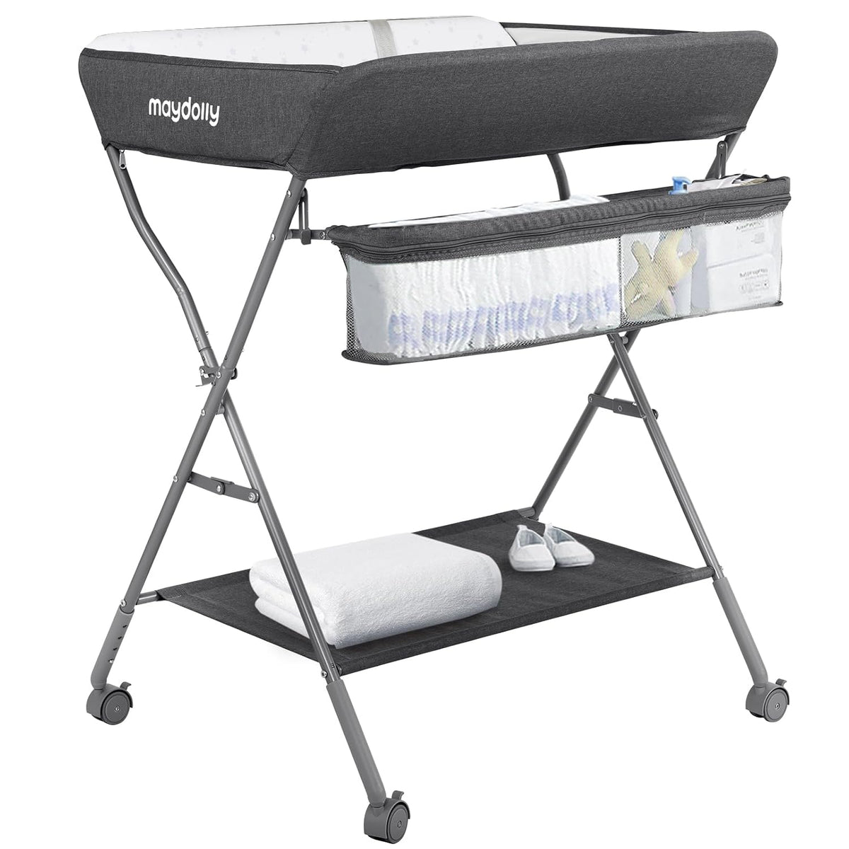 Baby Changing Table with Wheels, Portable Adjustable Height Folding Diaper Station with Nursery Organizer & Storage Rack for Newborn Baby and Infant (Light Grey)