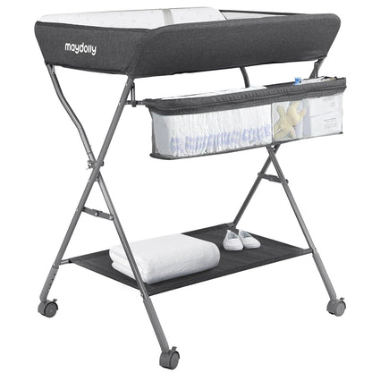 Baby Changing Table with Wheels, Portable Adjustable Height Folding Diaper Station with Nursery Organizer & Storage Rack for Newborn Baby and Infant (Light Grey)