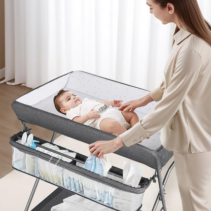 Baby Changing Table with Wheels, Portable Adjustable Height Folding Diaper Station with Nursery Organizer & Storage Rack for Newborn Baby and Infant (Light Grey)
