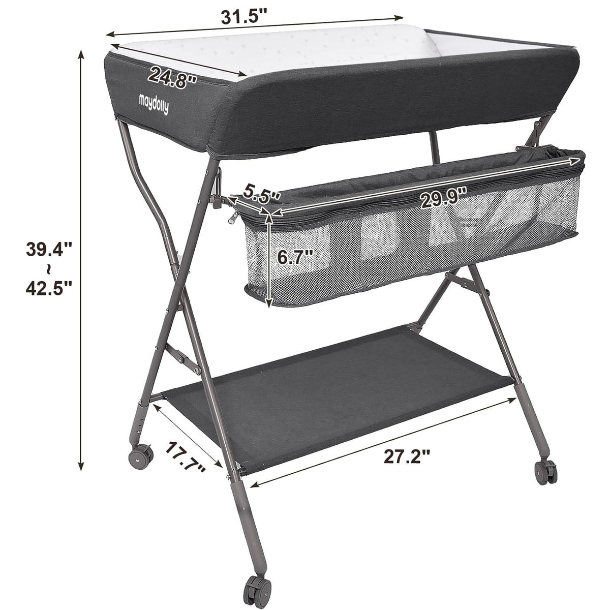 Baby Changing Table with Wheels, Portable Adjustable Height Folding Diaper Station with Nursery Organizer & Storage Rack for Newborn Baby and Infant (Light Grey)