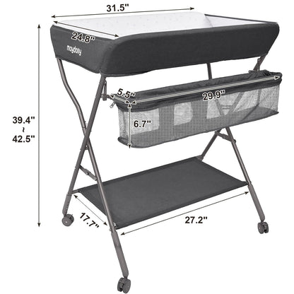 Baby Changing Table with Wheels, Portable Adjustable Height Folding Diaper Station with Nursery Organizer & Storage Rack for Newborn Baby and Infant (Light Grey)