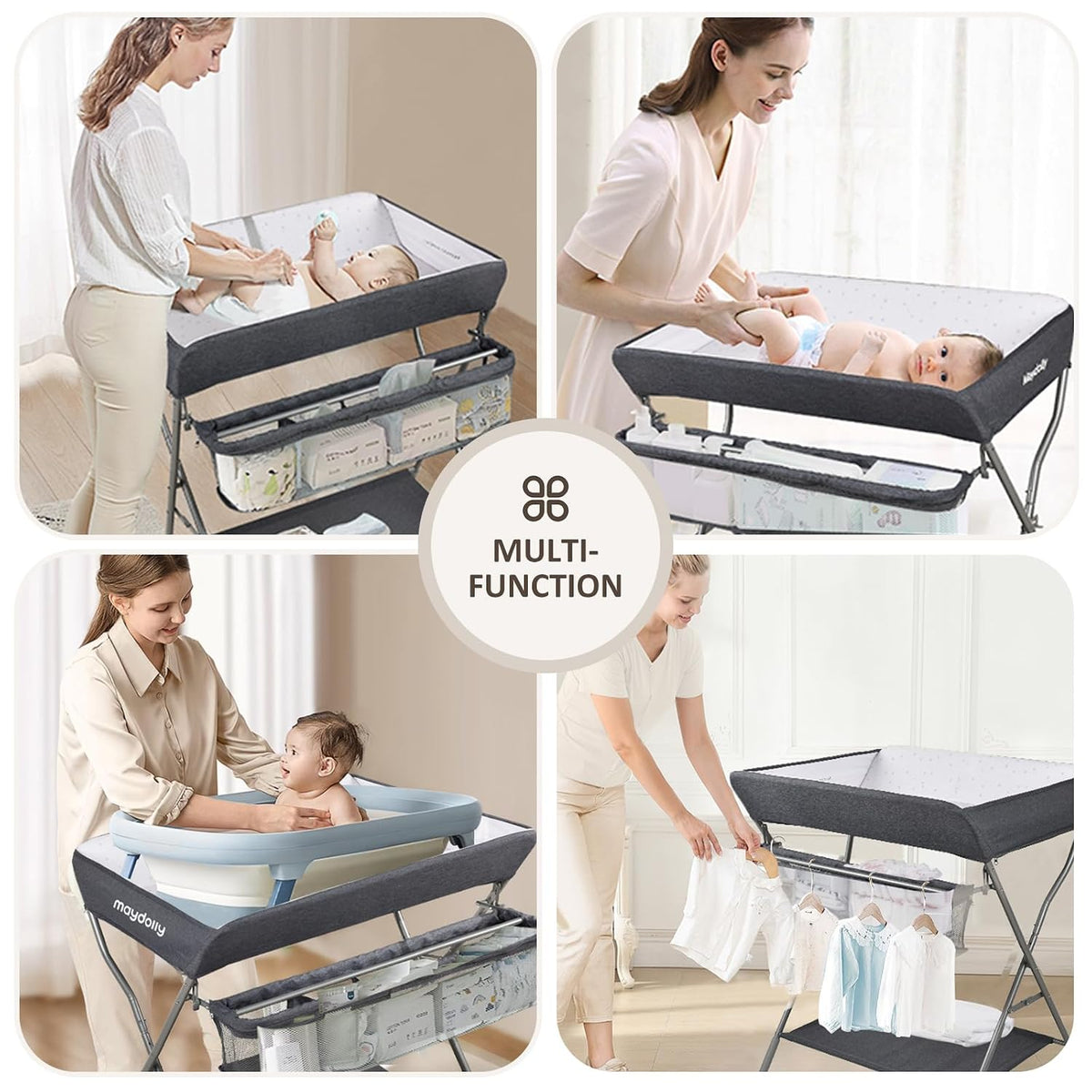 Baby Changing Table with Wheels, Portable Adjustable Height Folding Diaper Station with Nursery Organizer & Storage Rack for Newborn Baby and Infant (Light Grey)