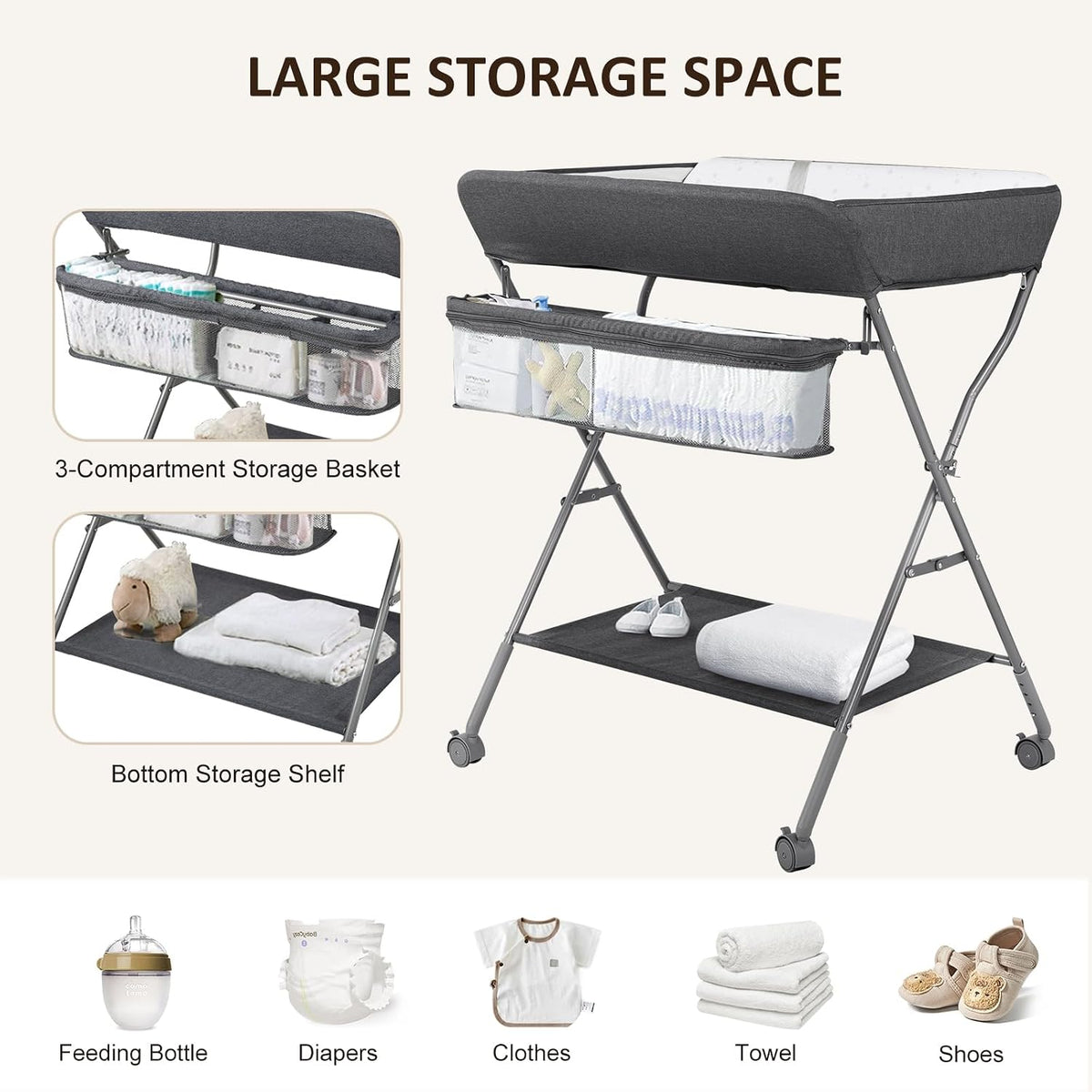 Baby Changing Table with Wheels, Portable Adjustable Height Folding Diaper Station with Nursery Organizer & Storage Rack for Newborn Baby and Infant (Light Grey)