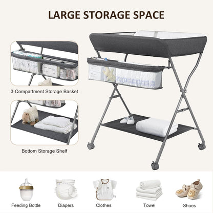 Baby Changing Table with Wheels, Portable Adjustable Height Folding Diaper Station with Nursery Organizer & Storage Rack for Newborn Baby and Infant (Light Grey)