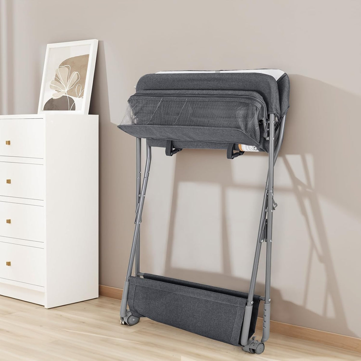 Baby Changing Table with Wheels, Portable Adjustable Height Folding Diaper Station with Nursery Organizer & Storage Rack for Newborn Baby and Infant (Light Grey)