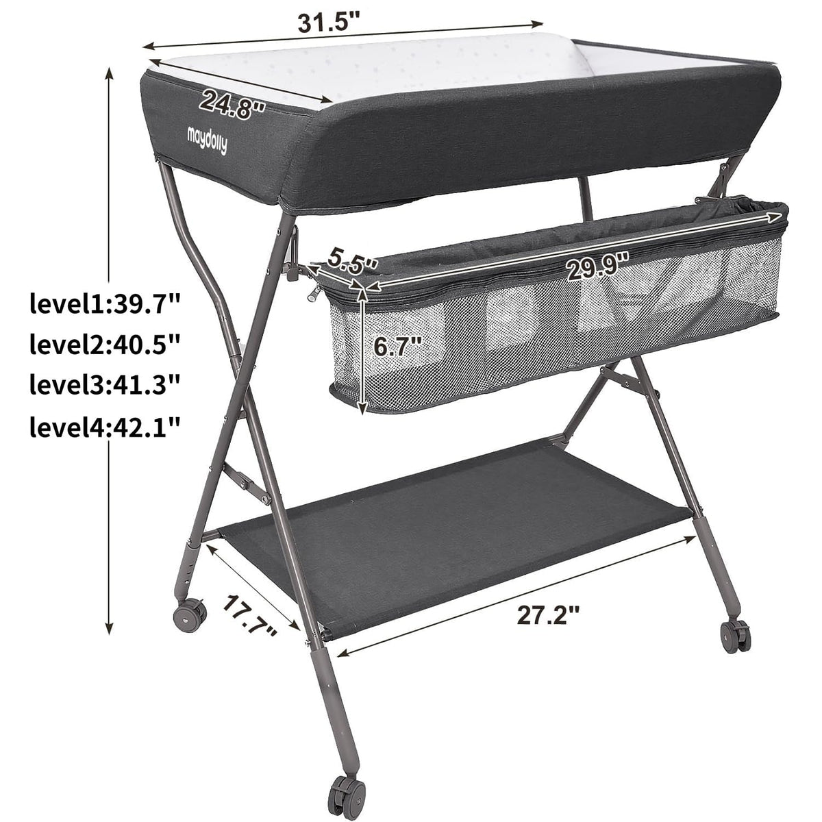 Baby Changing Table with Wheels, Portable Adjustable Height Folding Diaper Station with Nursery Organizer & Storage Rack for Newborn Baby and Infant (Light Grey)