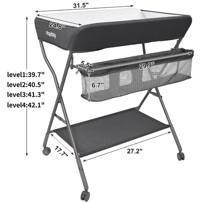 Baby Changing Table with Wheels, Portable Adjustable Height Folding Diaper Station with Nursery Organizer & Storage Rack for Newborn Baby and Infant (Light Grey)