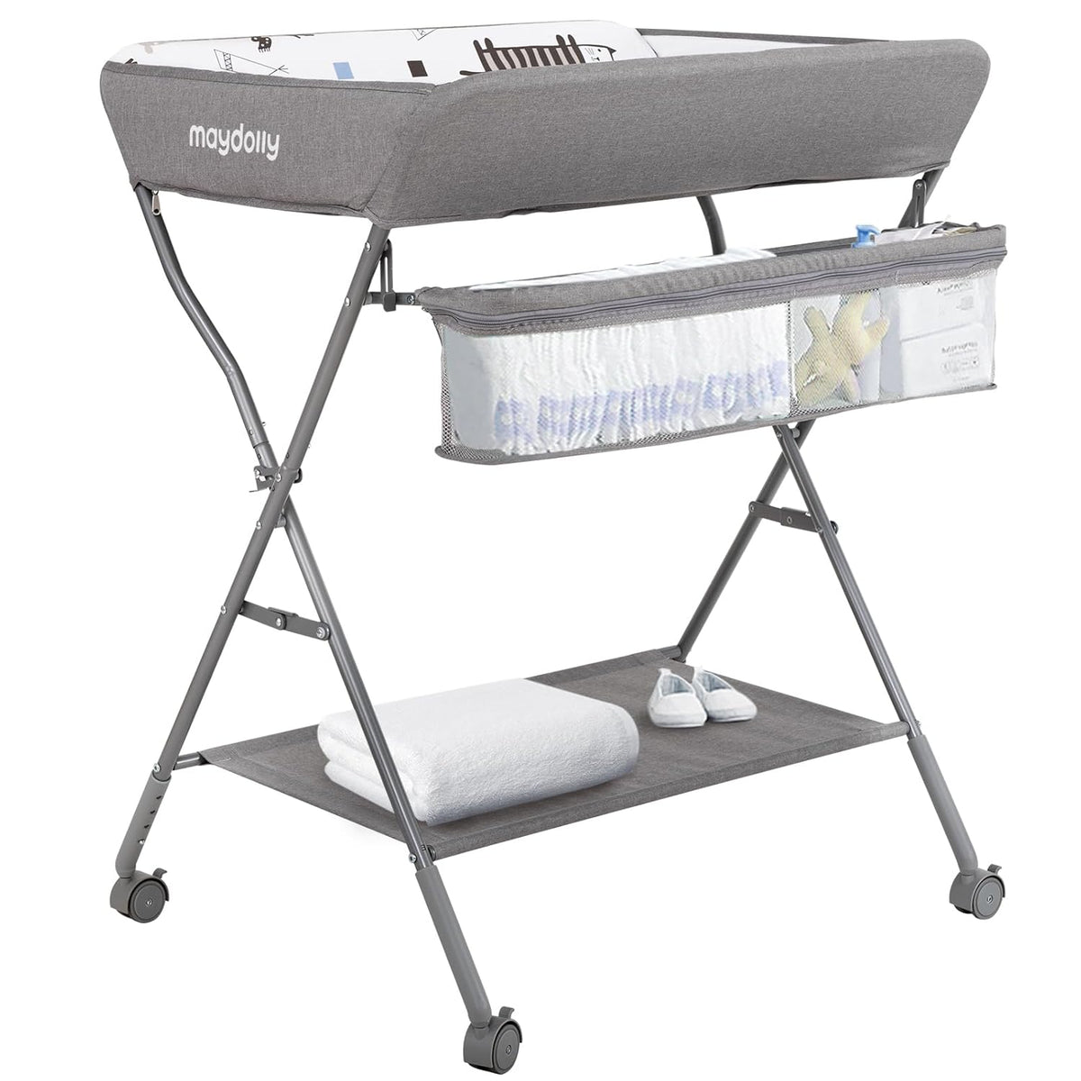 Baby Changing Table with Wheels, Portable Adjustable Height Folding Diaper Station with Nursery Organizer & Storage Rack for Newborn Baby and Infant (Light Grey)