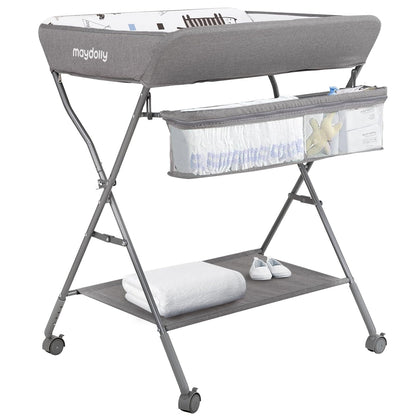 Baby Changing Table with Wheels, Portable Adjustable Height Folding Diaper Station with Nursery Organizer & Storage Rack for Newborn Baby and Infant (Light Grey)