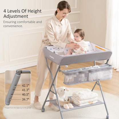 Baby Changing Table with Wheels, Portable Adjustable Height Folding Diaper Station with Nursery Organizer & Storage Rack for Newborn Baby and Infant (Light Grey)