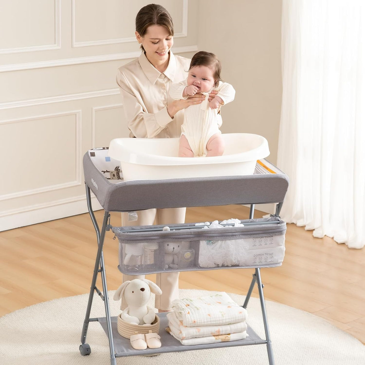 Baby Changing Table with Wheels, Portable Adjustable Height Folding Diaper Station with Nursery Organizer & Storage Rack for Newborn Baby and Infant (Light Grey)