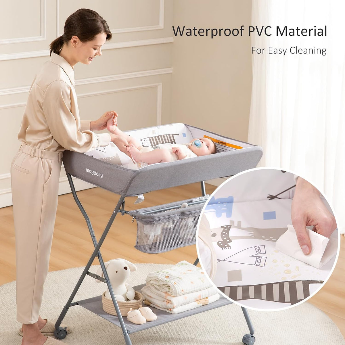 Baby Changing Table with Wheels, Portable Adjustable Height Folding Diaper Station with Nursery Organizer & Storage Rack for Newborn Baby and Infant (Light Grey)