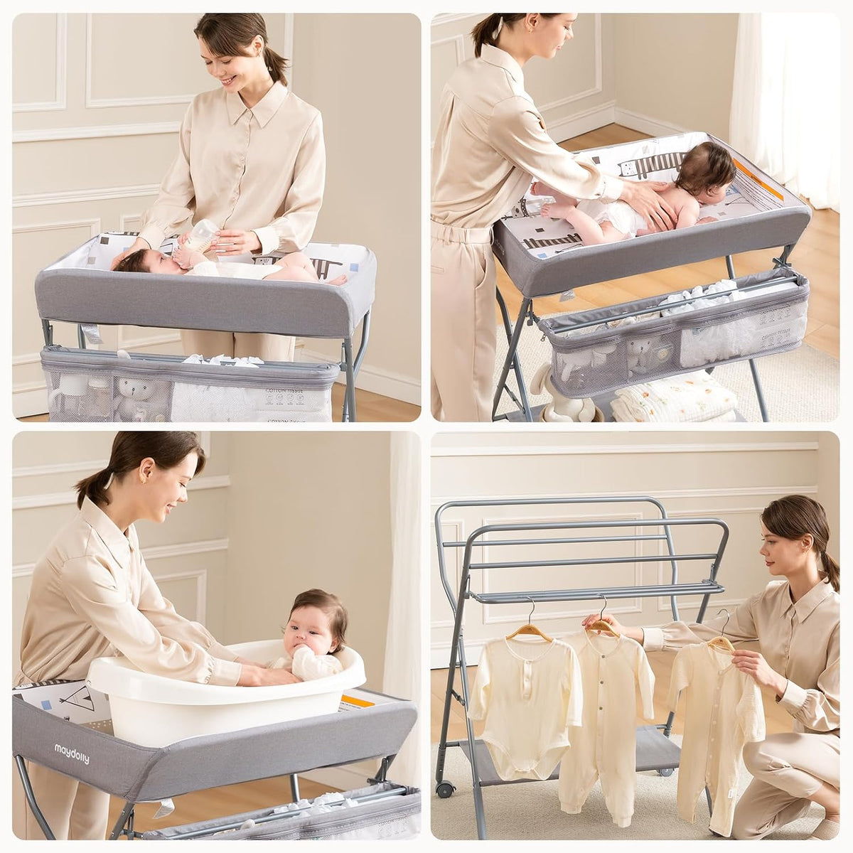 Baby Changing Table with Wheels, Portable Adjustable Height Folding Diaper Station with Nursery Organizer & Storage Rack for Newborn Baby and Infant (Light Grey)
