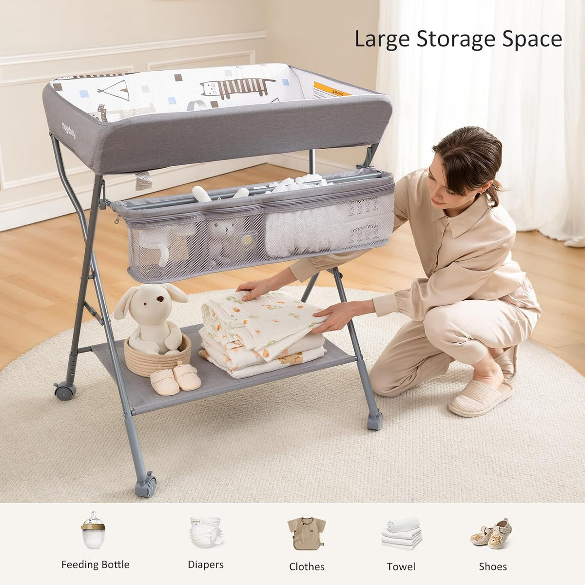Baby Changing Table with Wheels, Portable Adjustable Height Folding Diaper Station with Nursery Organizer & Storage Rack for Newborn Baby and Infant (Light Grey)