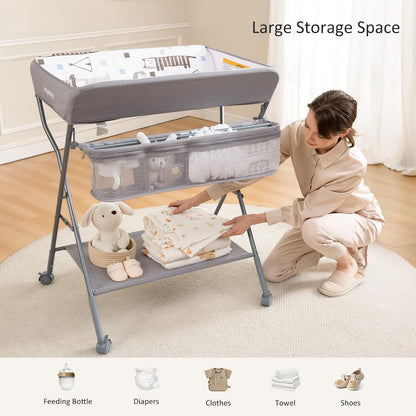 Baby Changing Table with Wheels, Portable Adjustable Height Folding Diaper Station with Nursery Organizer & Storage Rack for Newborn Baby and Infant (Light Grey)