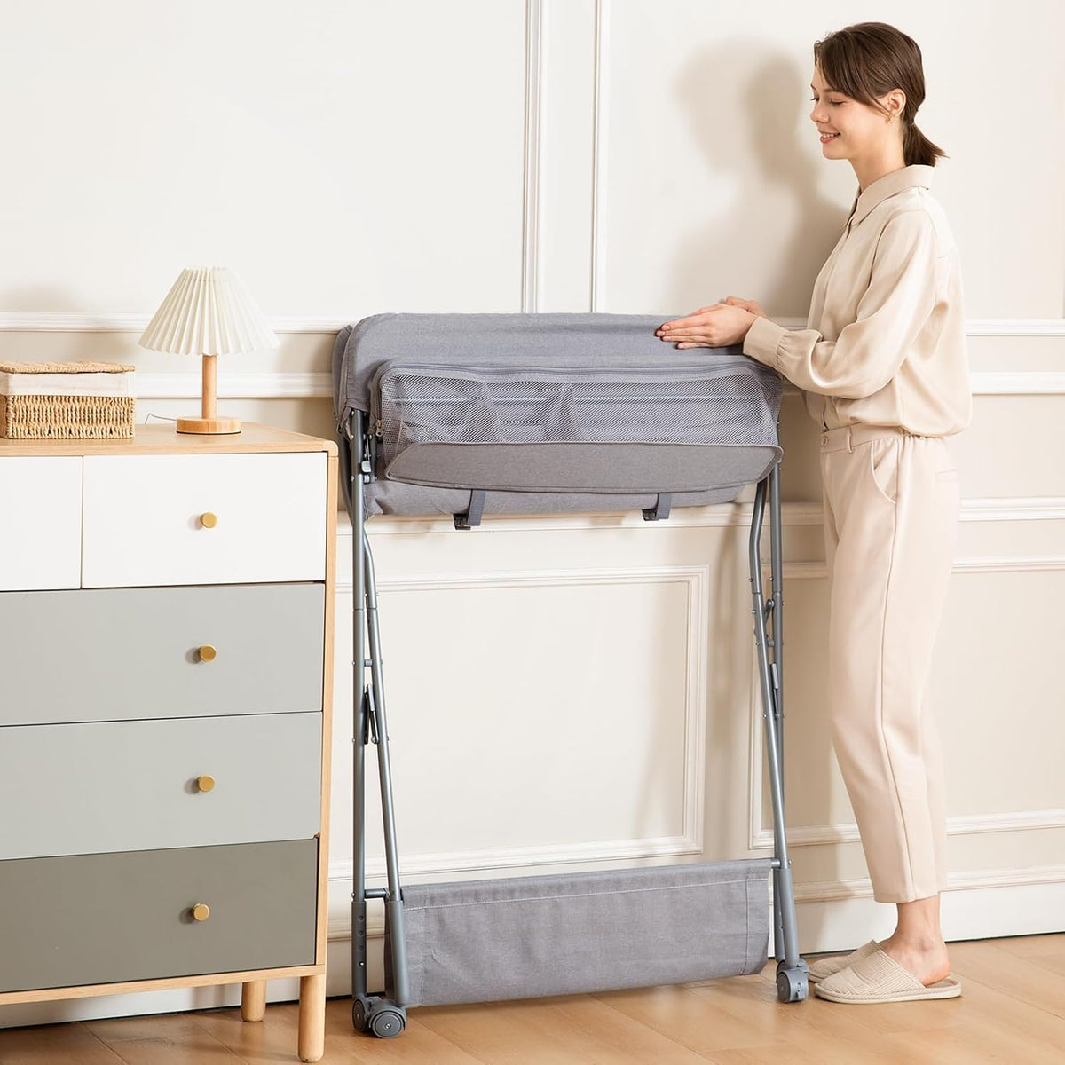 Baby Changing Table with Wheels, Portable Adjustable Height Folding Diaper Station with Nursery Organizer & Storage Rack for Newborn Baby and Infant (Light Grey)