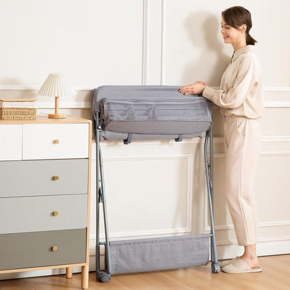 Baby Changing Table with Wheels, Portable Adjustable Height Folding Diaper Station with Nursery Organizer & Storage Rack for Newborn Baby and Infant (Light Grey)