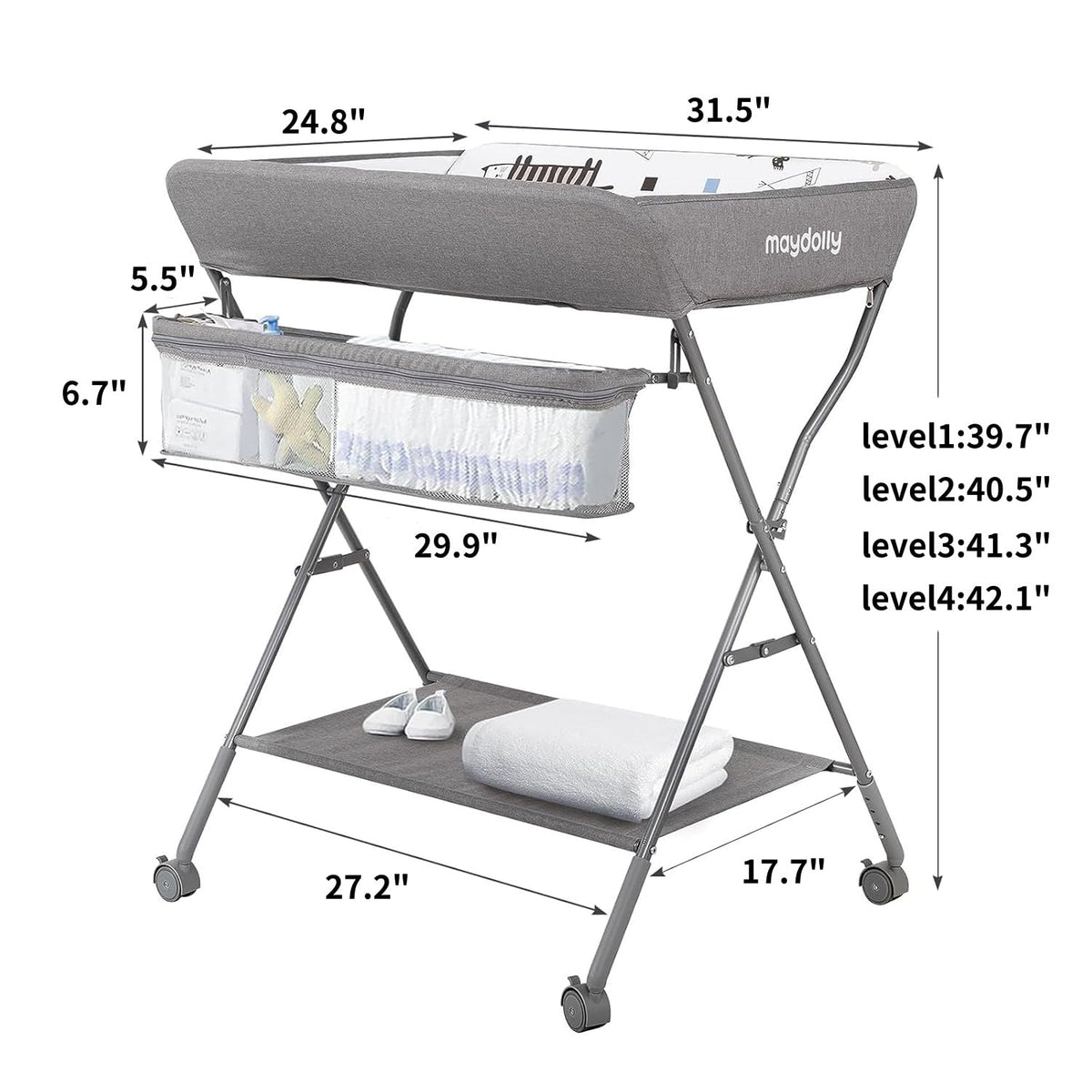 Baby Changing Table with Wheels, Portable Adjustable Height Folding Diaper Station with Nursery Organizer & Storage Rack for Newborn Baby and Infant (Light Grey)