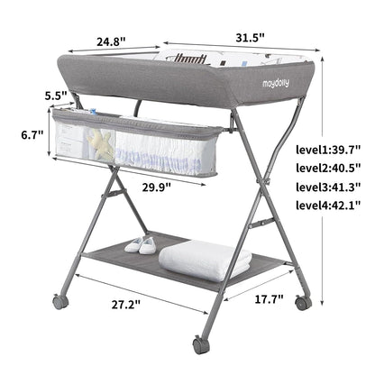 Baby Changing Table with Wheels, Portable Adjustable Height Folding Diaper Station with Nursery Organizer & Storage Rack for Newborn Baby and Infant (Light Grey)