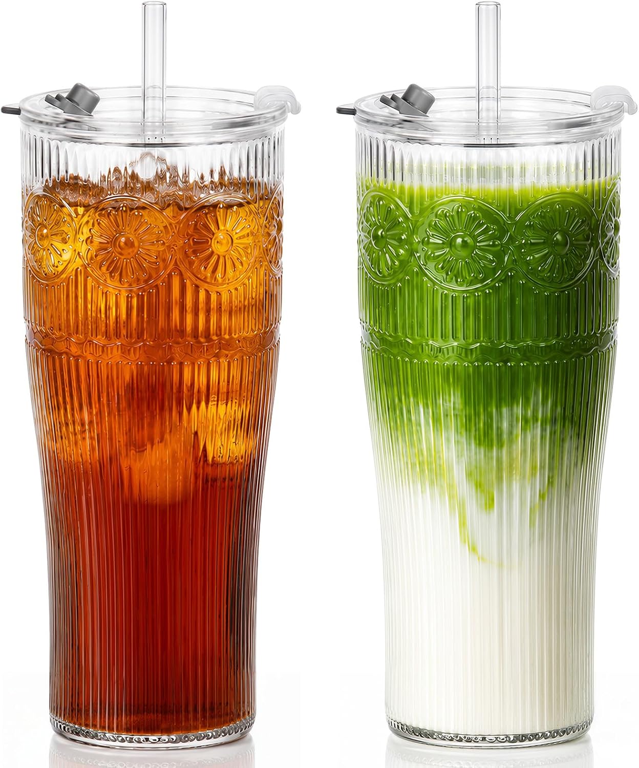 Glass Tumbler, 20 oz Iced Coffee Cup with Straw and Lid | Daisy pattern design, 2-in-1 leakproof lid, reusable glass design for iced coffee, tea & smoothies, for home, office & travel