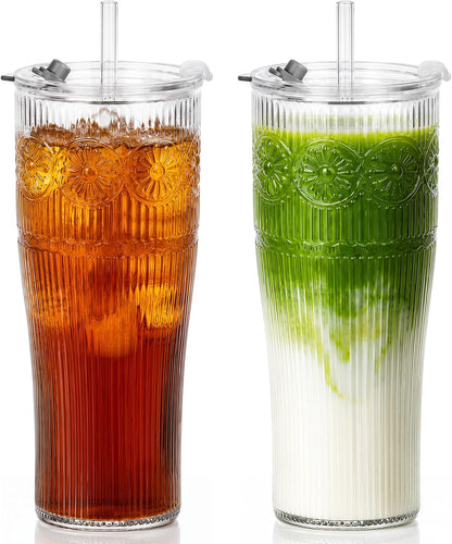 Glass Tumbler, 20 oz Iced Coffee Cup with Straw and Lid | Daisy pattern design, 2-in-1 leakproof lid, reusable glass design for iced coffee, tea & smoothies, for home, office & travel