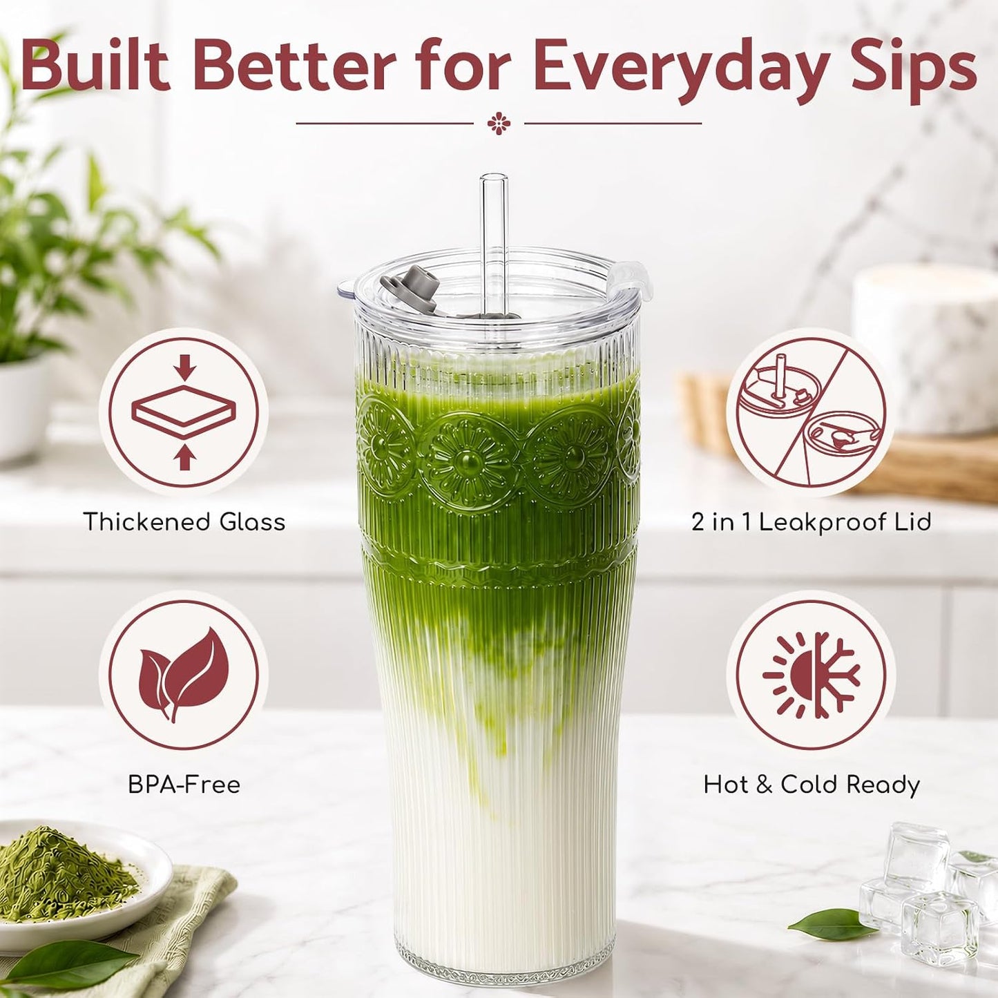 Glass Tumbler, 20 oz Iced Coffee Cup with Straw and Lid | Daisy pattern design, 2-in-1 leakproof lid, reusable glass design for iced coffee, tea & smoothies, for home, office & travel