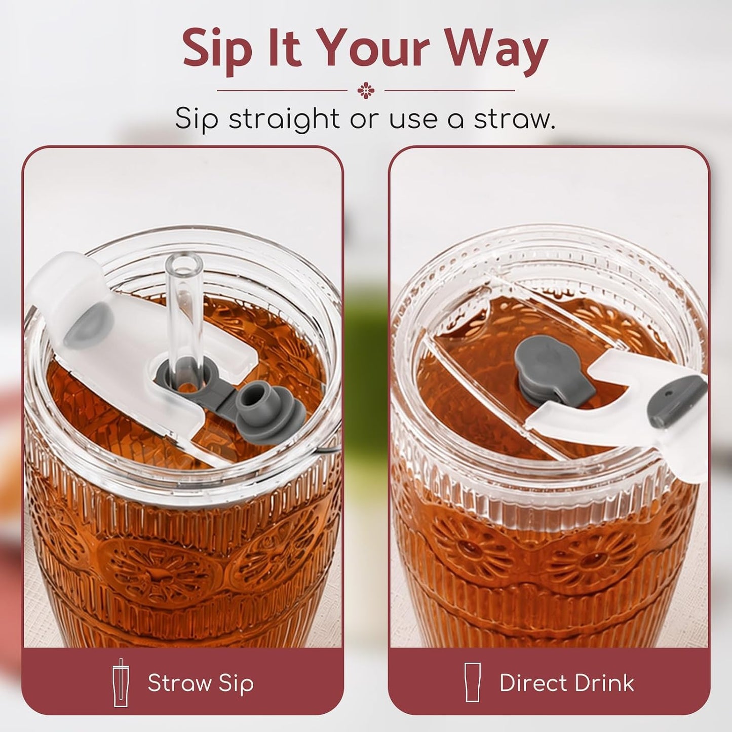 Glass Tumbler, 20 oz Iced Coffee Cup with Straw and Lid | Daisy pattern design, 2-in-1 leakproof lid, reusable glass design for iced coffee, tea & smoothies, for home, office & travel